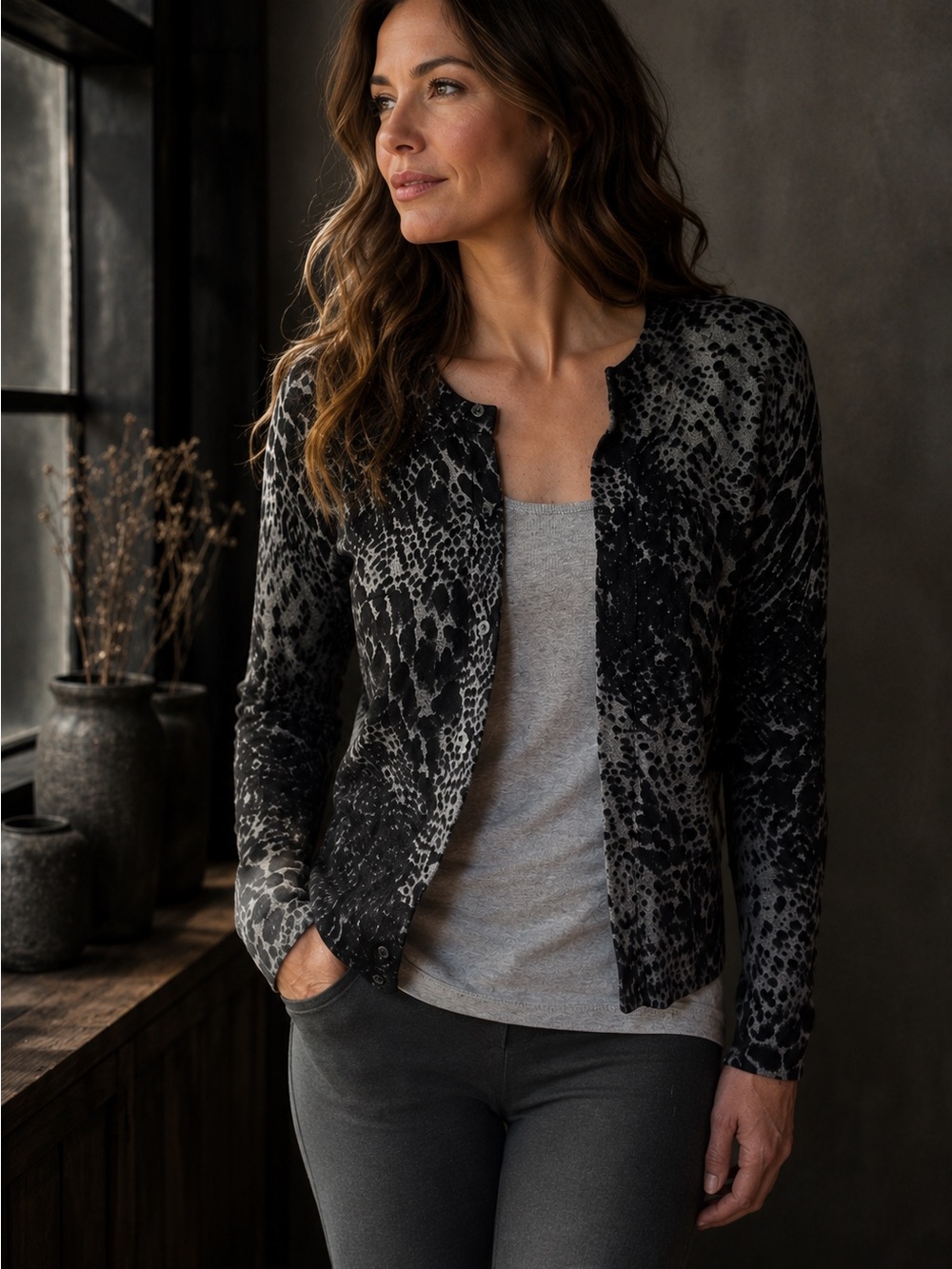 Croft & Barrow Black Gray Leopard Cotton Button Down Fitted Cardigan Sweater